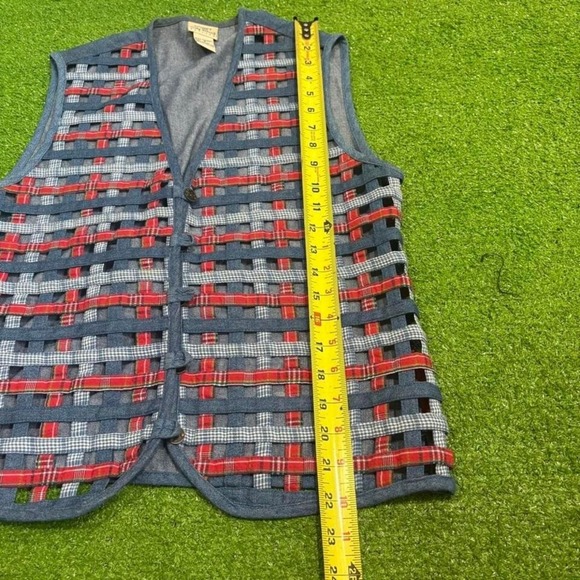 Vtg Koret City Women Woven Patchwork Plaid Gingham Lattice‎ Style Denim Vest - Picture 3 of 5